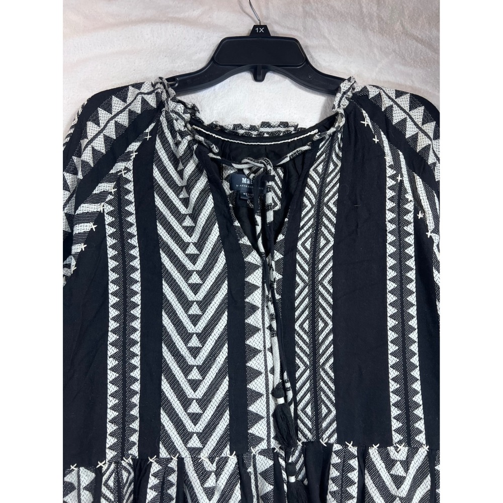 Maeve Anthropologie Geometric Tribal Mini Dress Black White Tassel Boho Medium - Picture 2 of 9